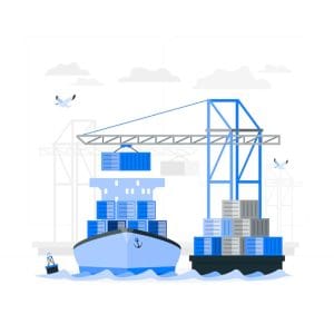 Container ship and crane at port for international freight logistics.